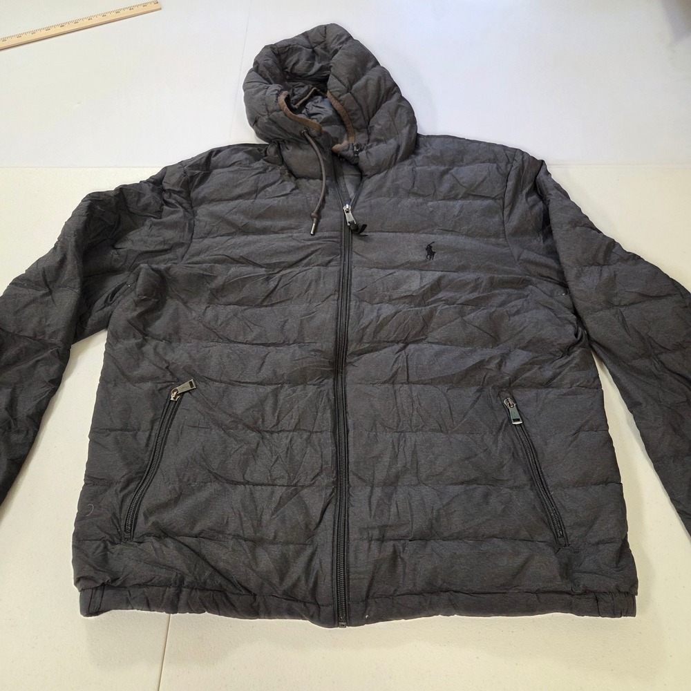 Polo Ralph Lauren Mens Large Gray Hooded Down Puffer Jacket Quilted Full Zip